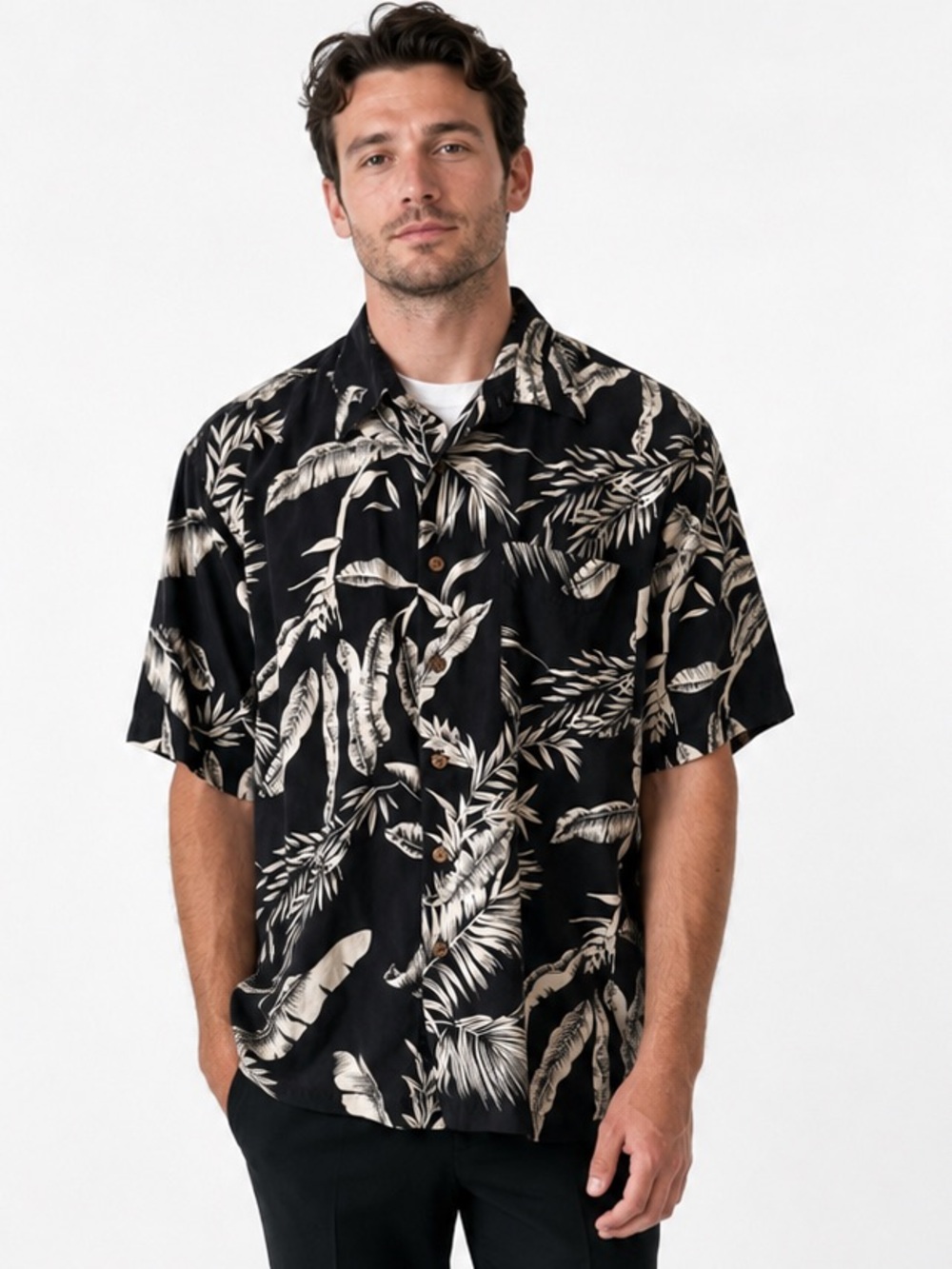 100% Silk Vintage Silk Tropical Print Aloha Button Down Resort Shirt